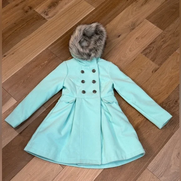 Cat & Jack Girls Heavy Pea Coat Removable Fur Trim Mint Green Size 7/8 - Picture 2 of 11